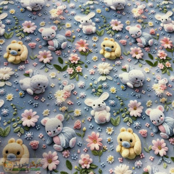 پارچه ملحفه عرض 1.5 متر مدل والا طرح مخمل سه بعدی گل و خرگوش ناز رنگ آبی
